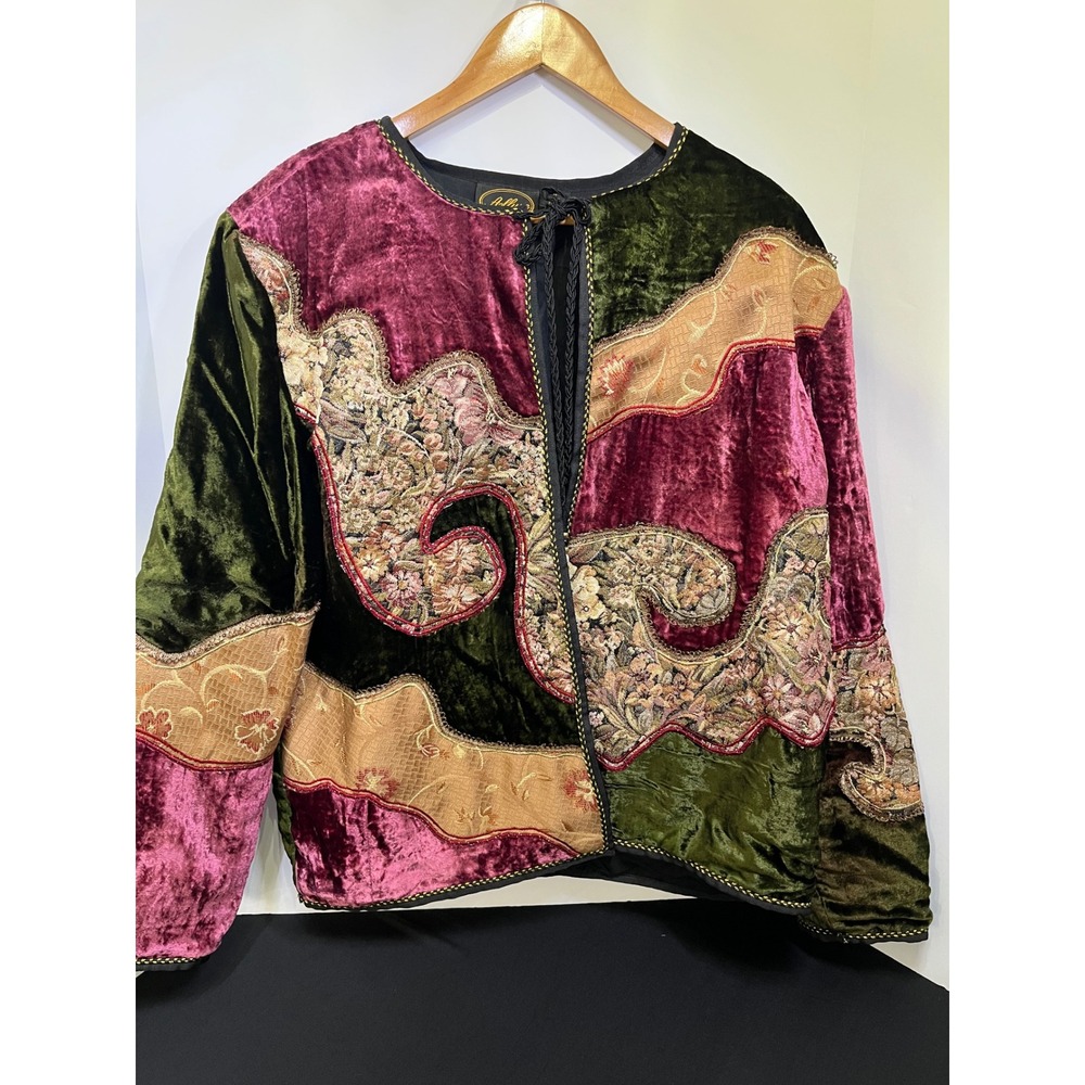Allure XL Velvet Patchwork Jacket Tapestry Floral Brocade Boho Open Front Green